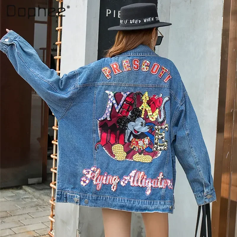 

Fashion Cartoon Heavy Embroidery Hot Drilling Beaded Patterned Denim Jacket Loose Lapel Long Sleeves Mid-Length Denim Clothing