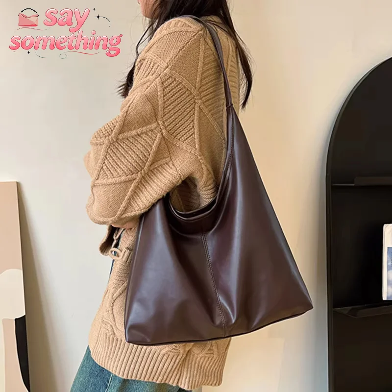 

Retro Tote Bag Shoulder Women's Bag Retro Simple Large Bag Tote Bag Pu Leather Tote Bag Solid Color Women's Underarm Bag