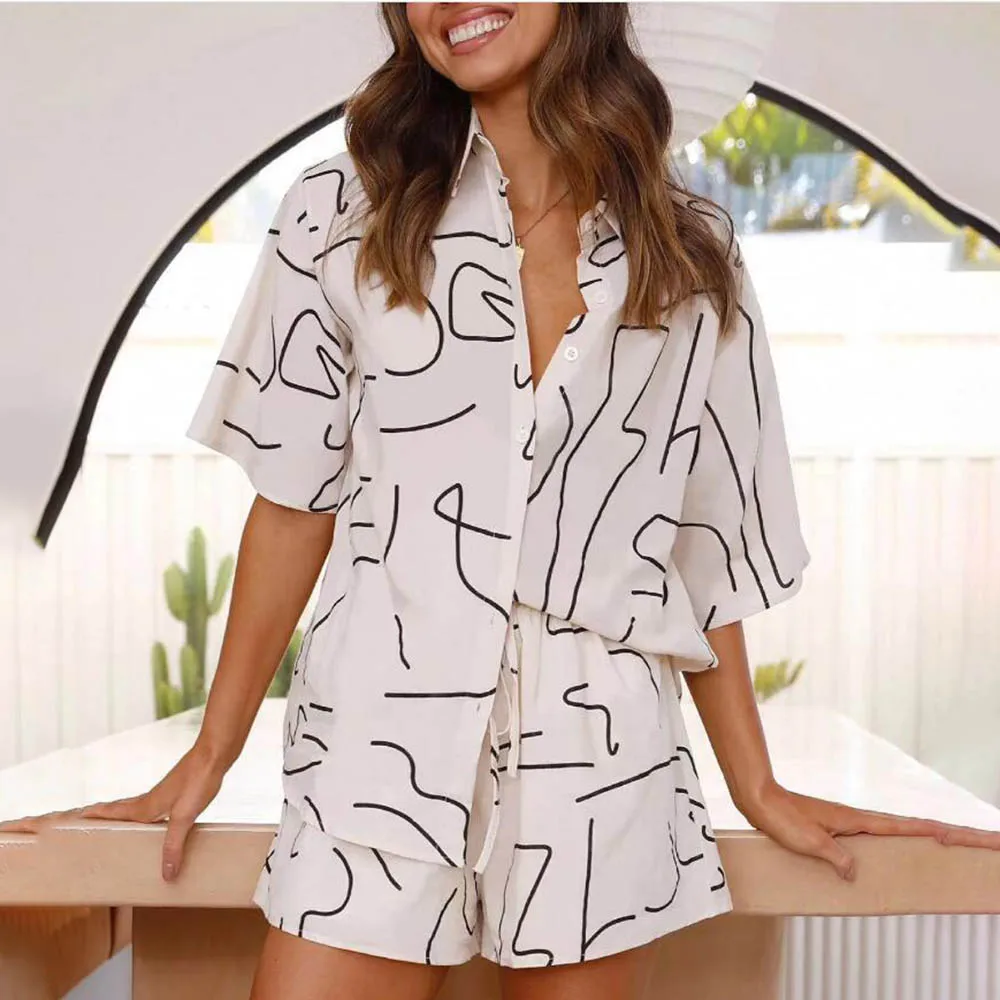 Two Piece Short Sets Women Summer Casual Print Short Sleeve Shirts 2 Piece Set Shorts Fashion Loose Office Shirts Suit Outfites