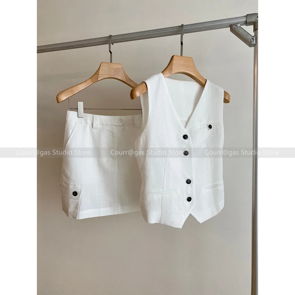 2024 Summer new fashion irregular vest jacket + shorts casual linen two-piece set women