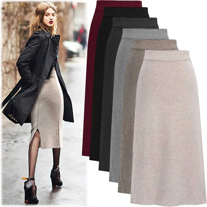 Women's Long High Waist Knit Pencil Skirt with Front Slit – Solid Color Ribbed Texture Midi Skirt in Black Beige Burgundy Gray