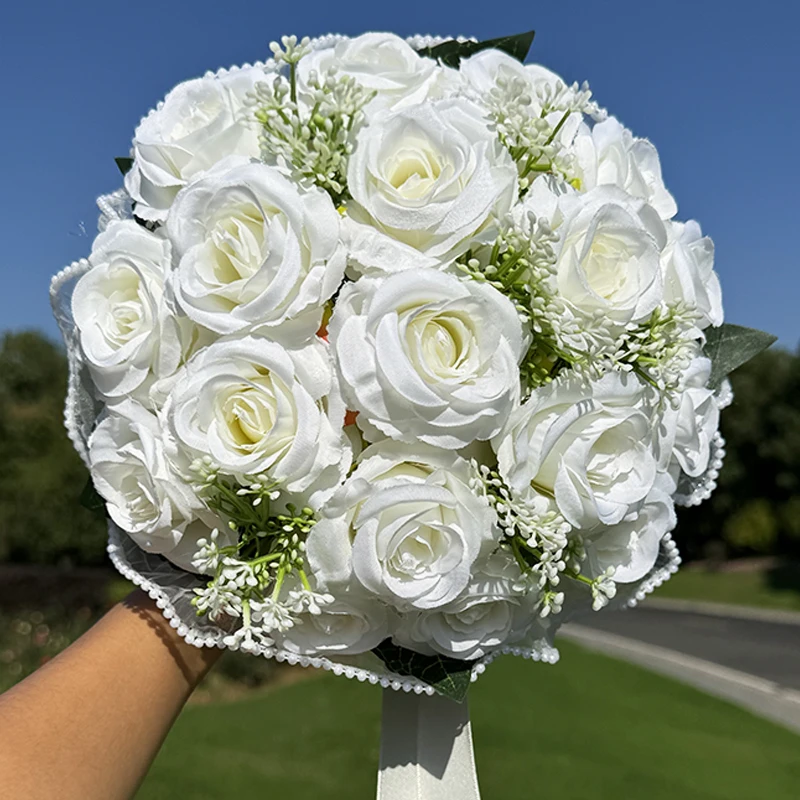 1 ramo de novia en cascada de flores artificiales para aniversario de ceremonia de boda, ramo de lazo recortado con perlas, flores artificiales