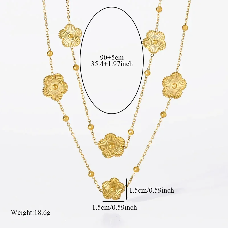 GANEMLY 316L Stainless Steel Gold Color Five-Leaf Clover Pendant Necklace For Women Trendy Long Neck Chain Waterproof Jewelry