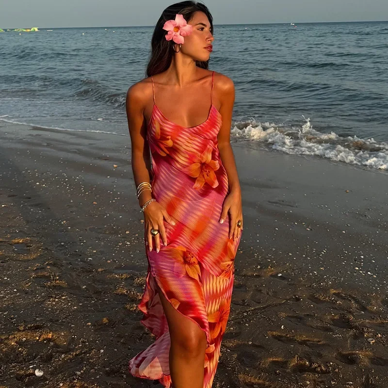 

Sexy Printed Halter Dress Floral Striped V-Neck Tie Beauty Back Split Midi Irregular Skirt New Women's Beach Vacation Dresses