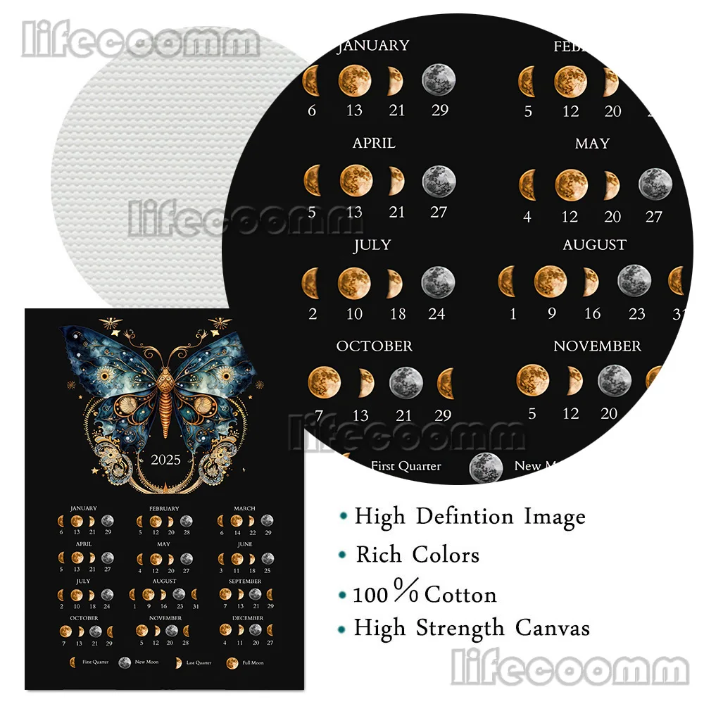Moon Phases Calendar 2026,Wicca Calendar Wall Art Canvas Painting,2026 Moon Cycle Moon Phase,Art Poster Print,Home Decoration