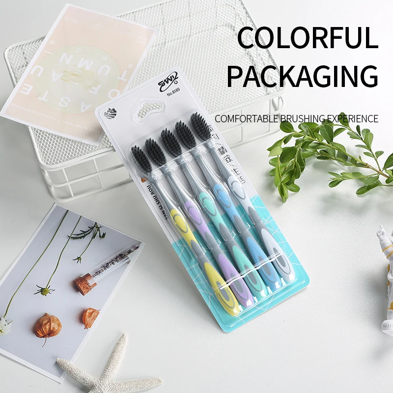 5/10 قطع فرشاة أسنان يدوية مع شعر ناعم من فحم الخيزران لتنظيف الفم اللطيف في أسر البالغين