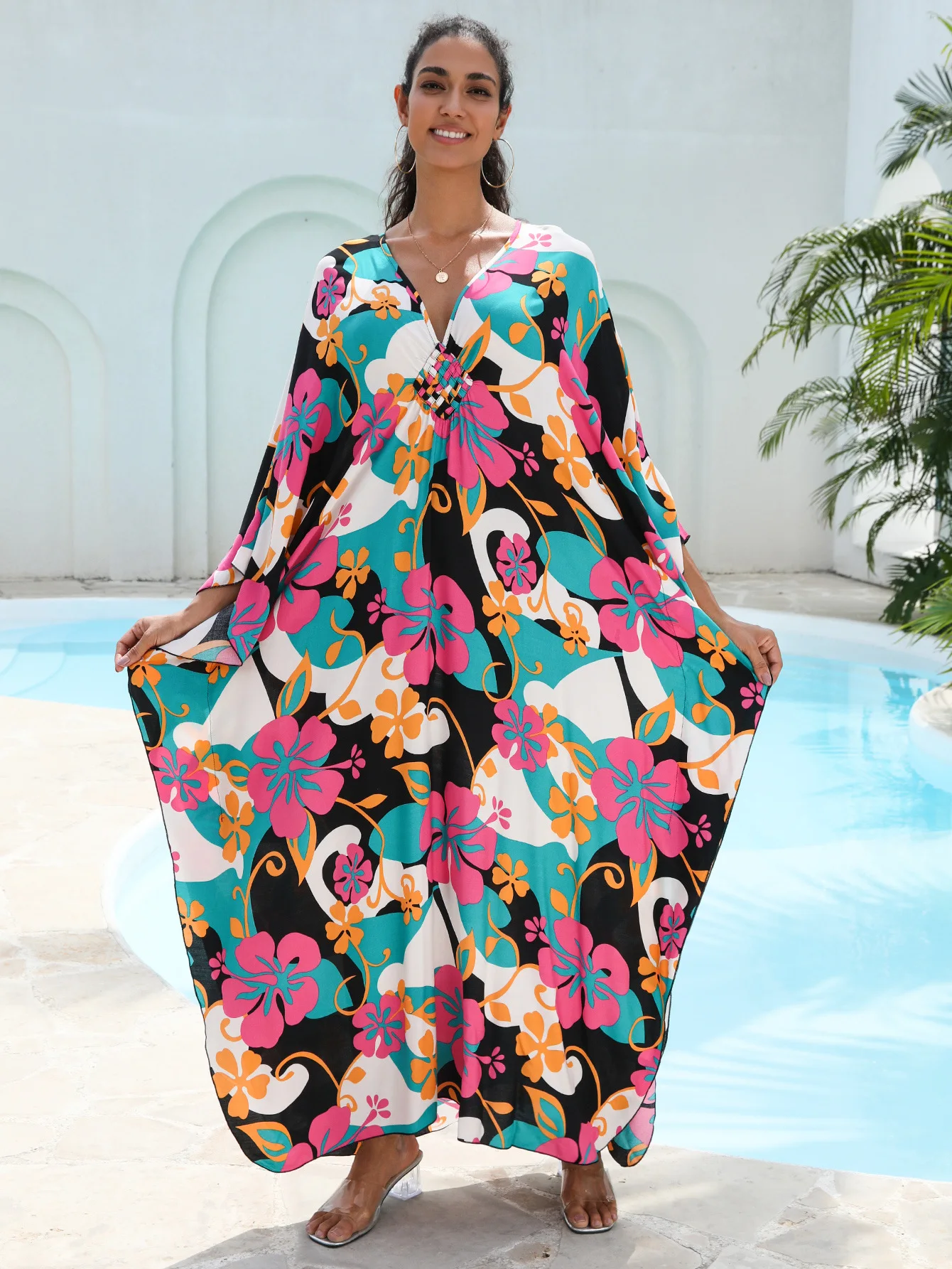 Beach Cover Ups Flower Printed Kaftan Dresses for Women Mrs Roper Costumes House Dress Holiday Beachwear Factory Supply