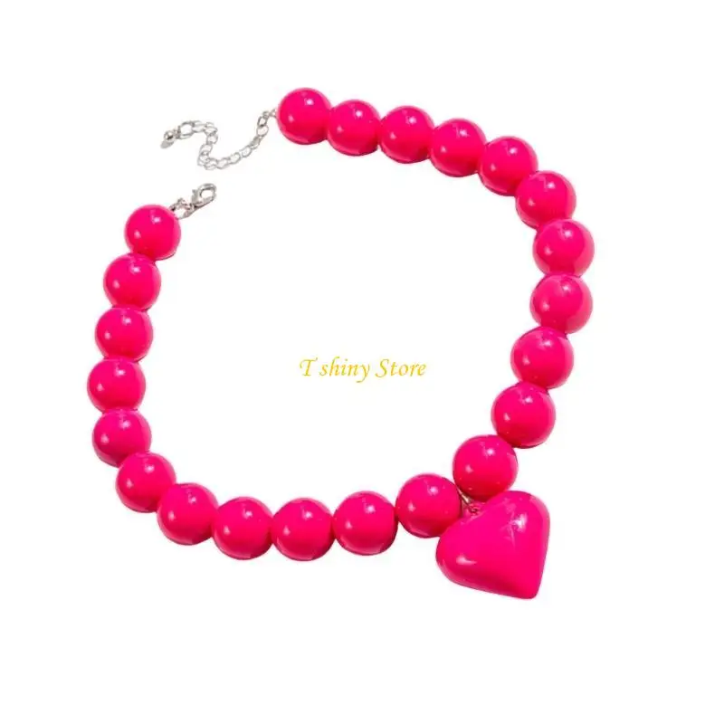 N58F Stylish Large Heart Necklace Contemporary Heart Necklace with Bead Accent Suitable For Work And Social Event