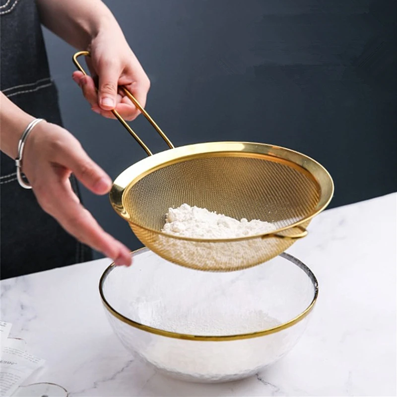 Stainless Steel Golden Filter Flour Strainer Soy Milk Leakage Net Oil Foam Skimmer Juice Fine Mesh Sieve Kitchen Accessories