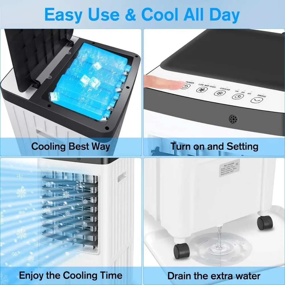 Climatiseurs portables sans fenêtre, refroidisseur de marais 3 en 1, unité alternative avec 3 gels d'eau précieux, minuterie, 3 vitesses, oscillation à 70 °