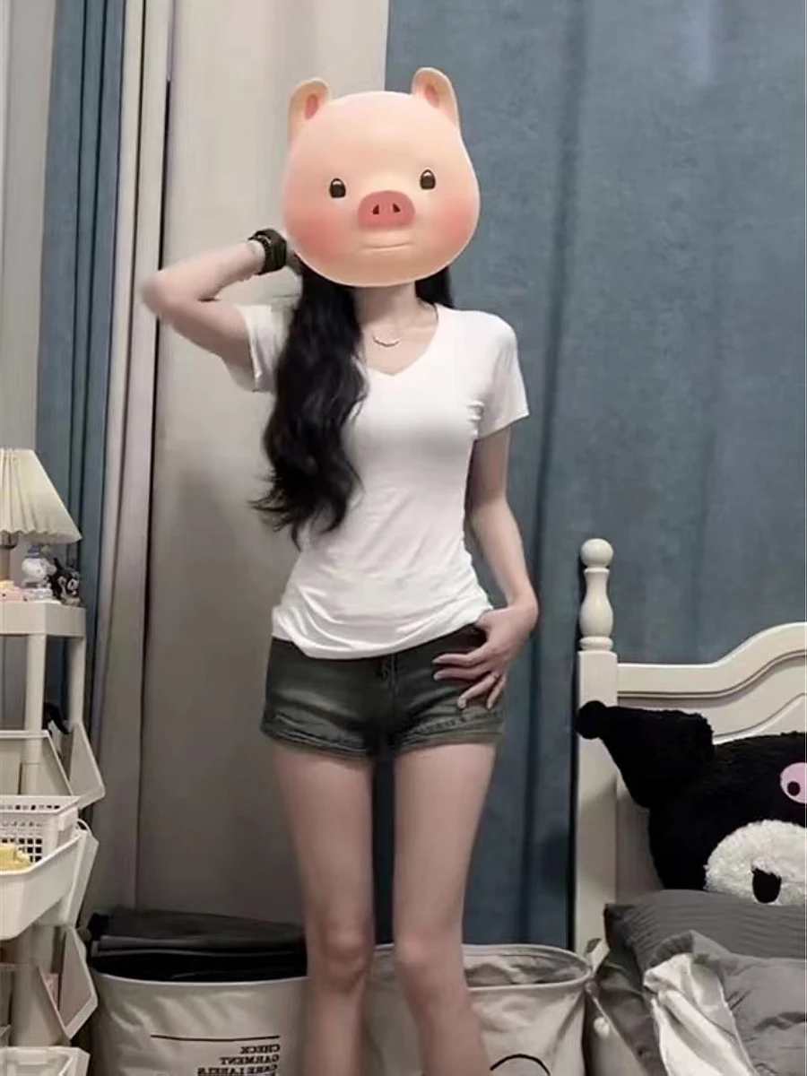 White V-Ne ort Sve T-irt Women's Summer Slim Fit Base irt Waist-Cinching Top Korean Sle Commute Faion