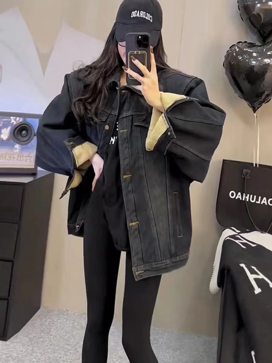 Fleece Lined Retro Single Button Mid-Length Denim Jacket Women's Loose Design Autumn New Style Casual Classy Top