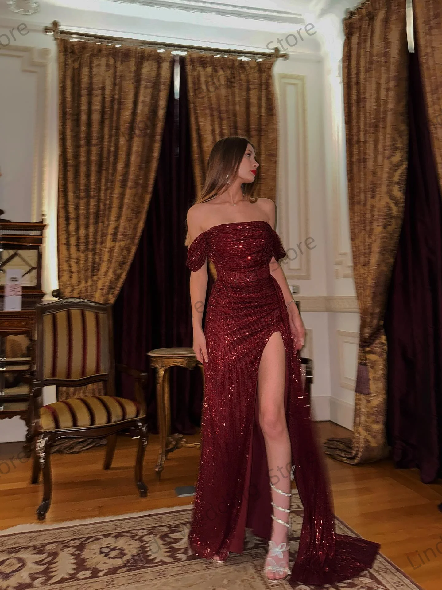Sequin Burgudy Prom Dresses Off The Shoulder Mermaid Vestidos de Gala for Formal Occasion Shiny Slit Prom Party Gowns Customized