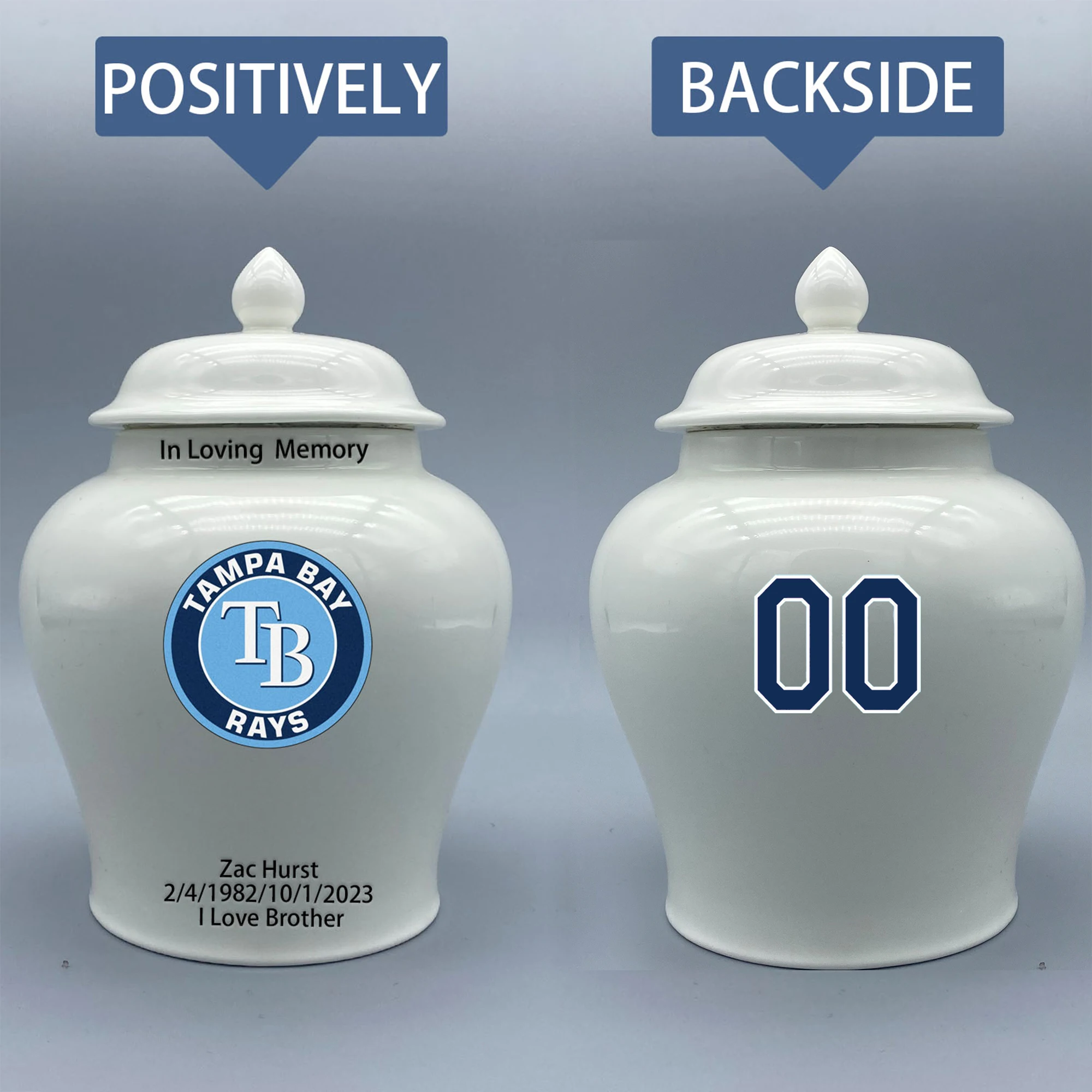 

Medium Urn for Tampa Bay Rays-themed Logo Urn.Please send me the customize information-name/date and number on the urn