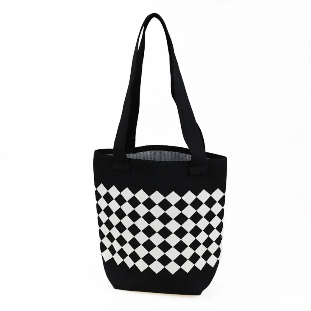 Borsa a tracolla lavorata a maglia a rombo Borsa tote scozzese di grande capacità all'uncinetto Maniglia comoda Borsa sotto le ascelle in tessuto casual Shopping