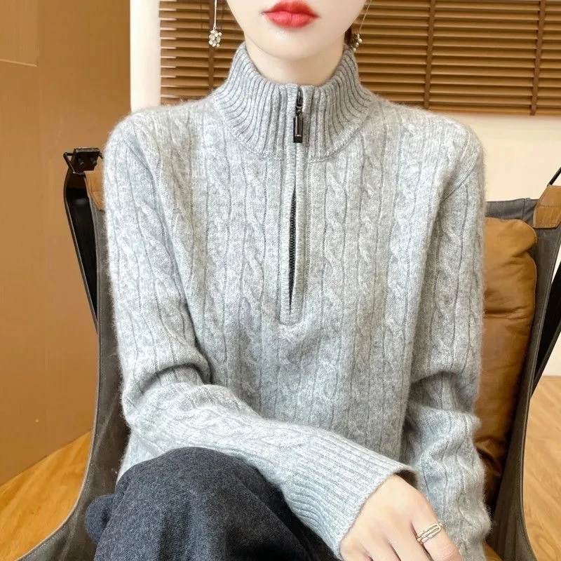 

Pure Wool Half-neck Zipper Pullover Sweater Autumn And Winter New Long Sleeve Elastic Cashmere Sweaters Women's Casual Knit Top
