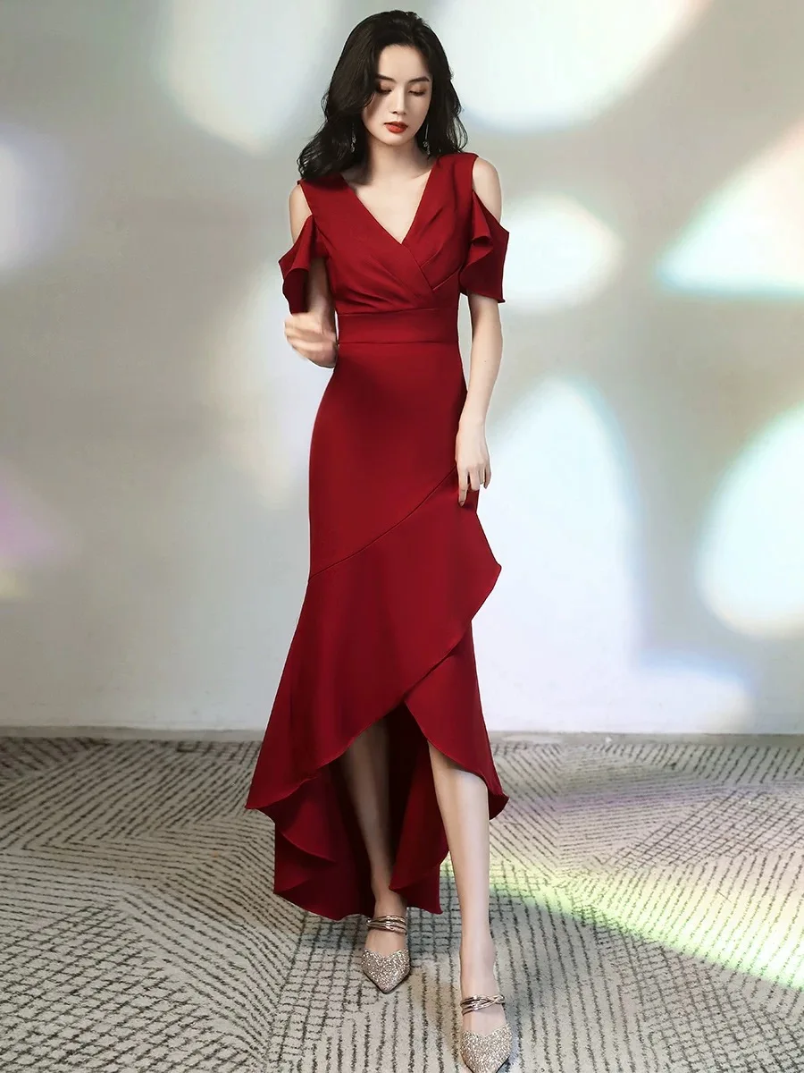 

Hot-selling No. 49 evening dress V-neck high-quality niche engagement homecoming bride's toast dress