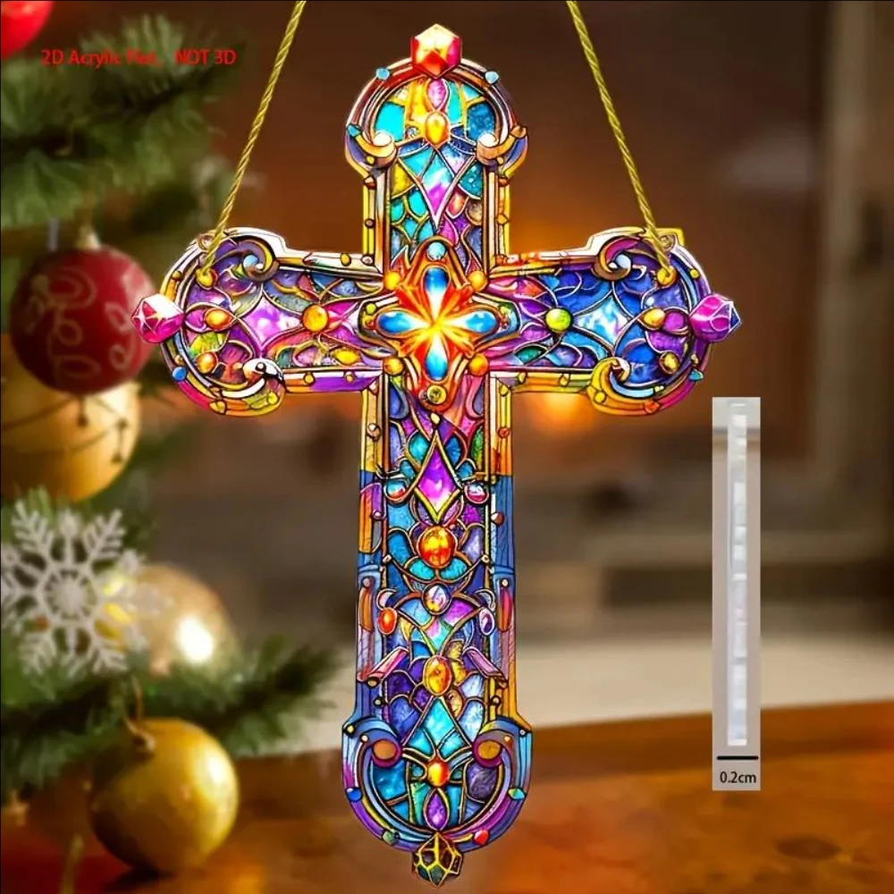 2D Flat - Acrylic 2D Flat Cross Pendant,No Power Required, Universal, Suitable for New Year, Valentine'S Day Winter Celebrations