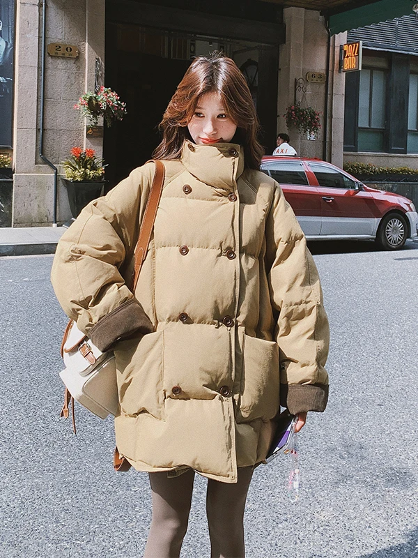 暖かさプラス レディース キルティングジャケット ダブルブレスト ルーズフィット ミッドレングス 冬用コート スリ カレッジ スリ スリミング アウターウェア