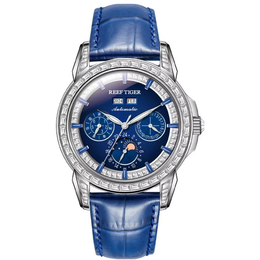 

Мужские автоматические часы Reef Tiger, 42 мм, механические наручные часы, светящиеся, 5 атм, водонепроницаемые, с сапфировым стеклом, с несколькими циферблатами, год, месяц, недели, дата