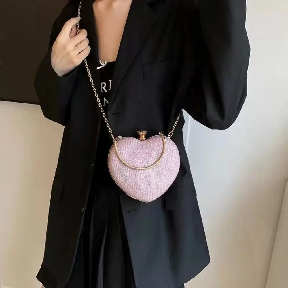 Elegant Glitter Evening Banquet Bag Heart Rhinestone Dinner Bag Large Capacity Shoulder Bag Chain Crossbody Bag Wedding
