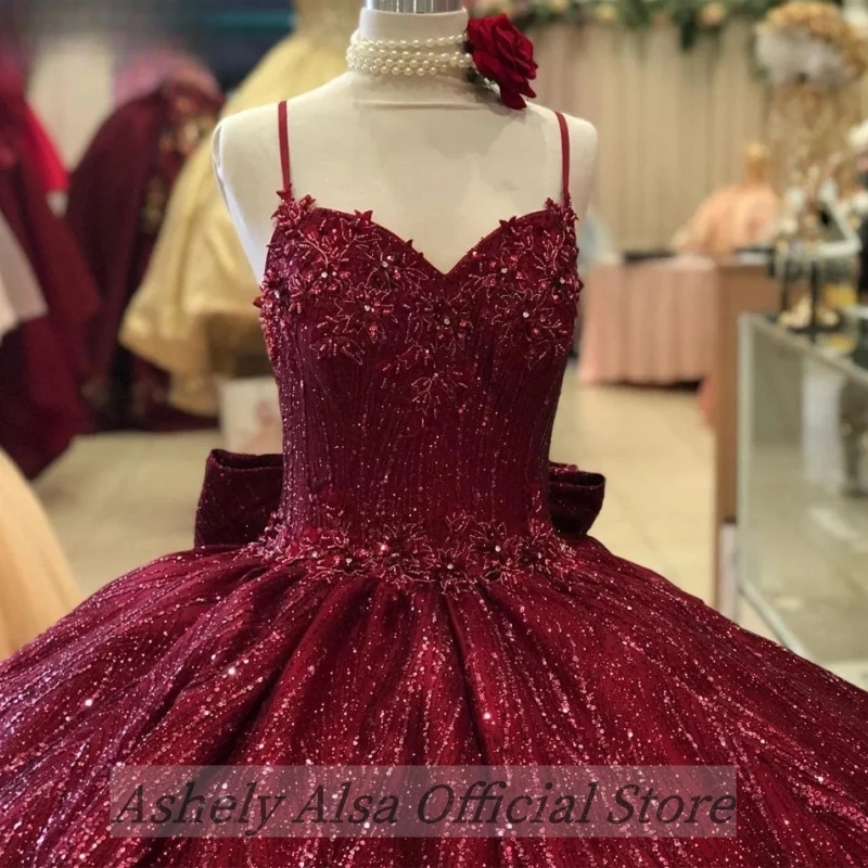 Real Picture Wine Red Princess Ball Gown Quinceanera Dresses Bow Off Shoulder Sequined Vestidos De 14 15 Anos Sweet 16th Dress