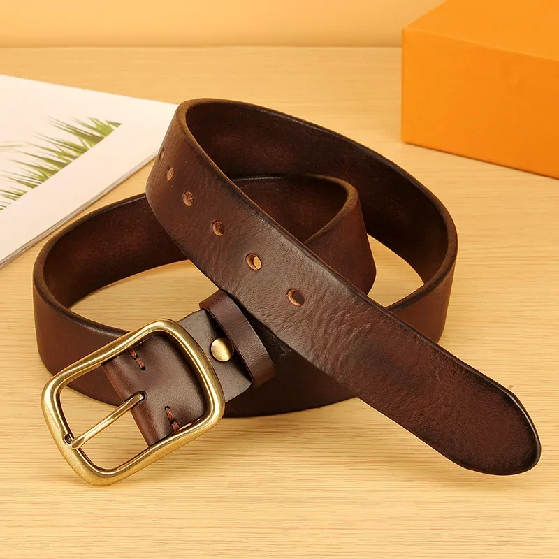 

Genuine Leather Belt for Jeans Fashion Casual Belt Men's Thickened Pin Buckle Head Layer Cowhide Pure Copper Needle Buckle Belt