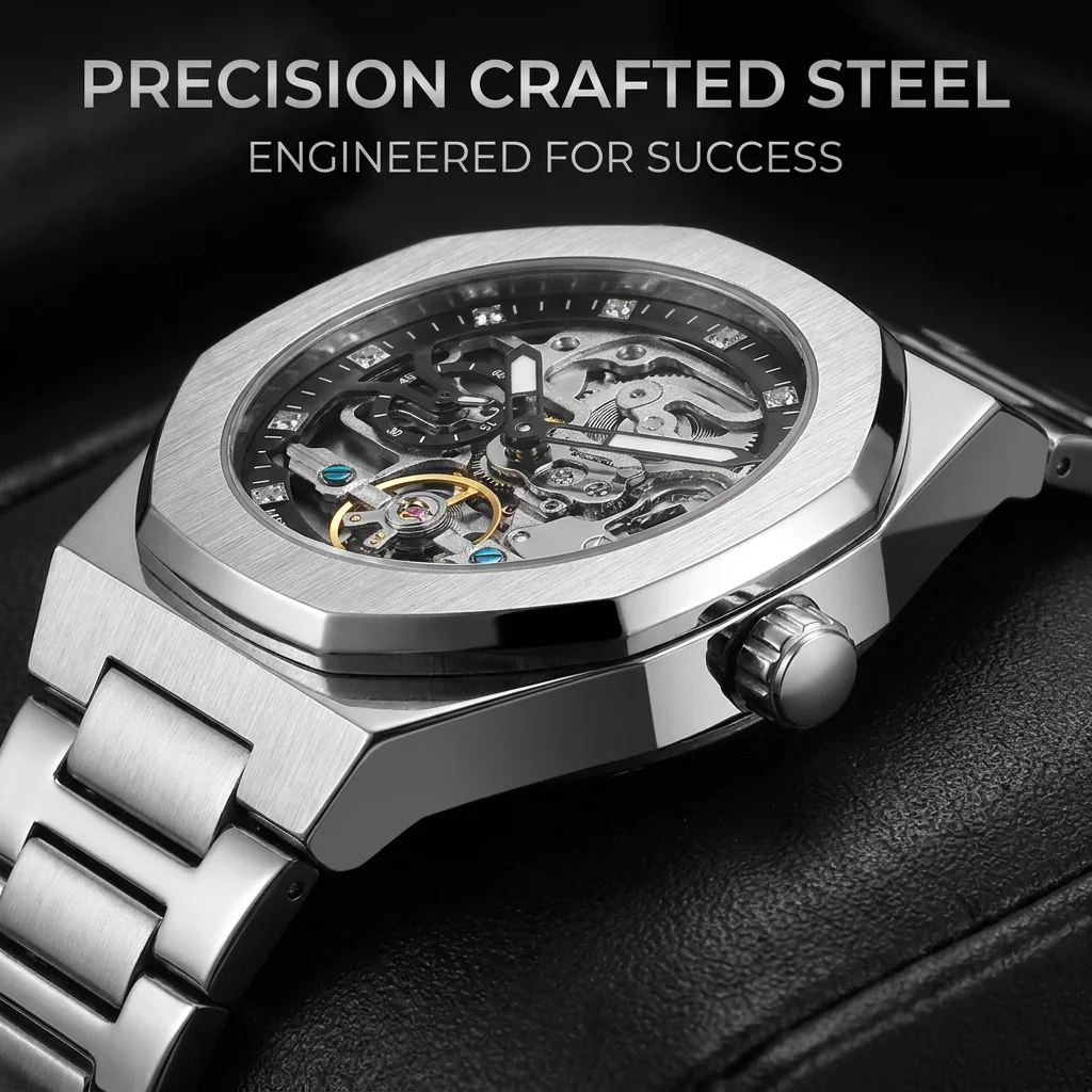 Orologio Meccanico Poligonale Completamente Automatico da Uomo, Stile Minimalista, Argento e Nero