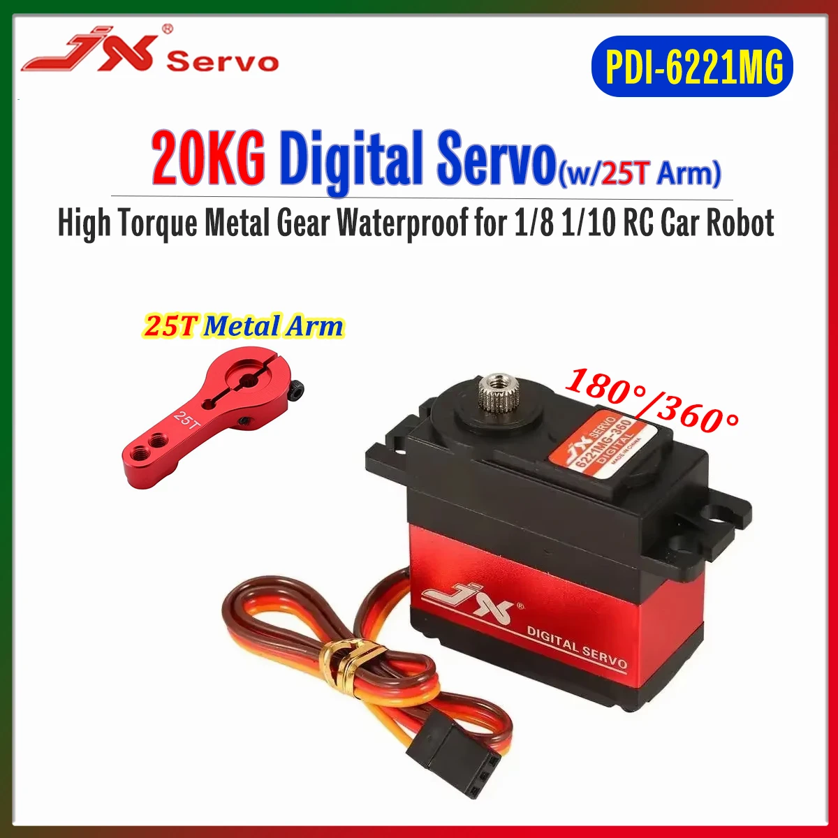 

Цифровой сервопривод JX PDI-6221MG 20 кг с металлическим редуктором, 180° ° /360 ° Высокомоментный водонепроницаемый мотор для радиоуправляемых моделей 1/8, 1/10: автомобилей, лодок, роботов, вертолетов. Запчасти для радиоуправляемых моделей.