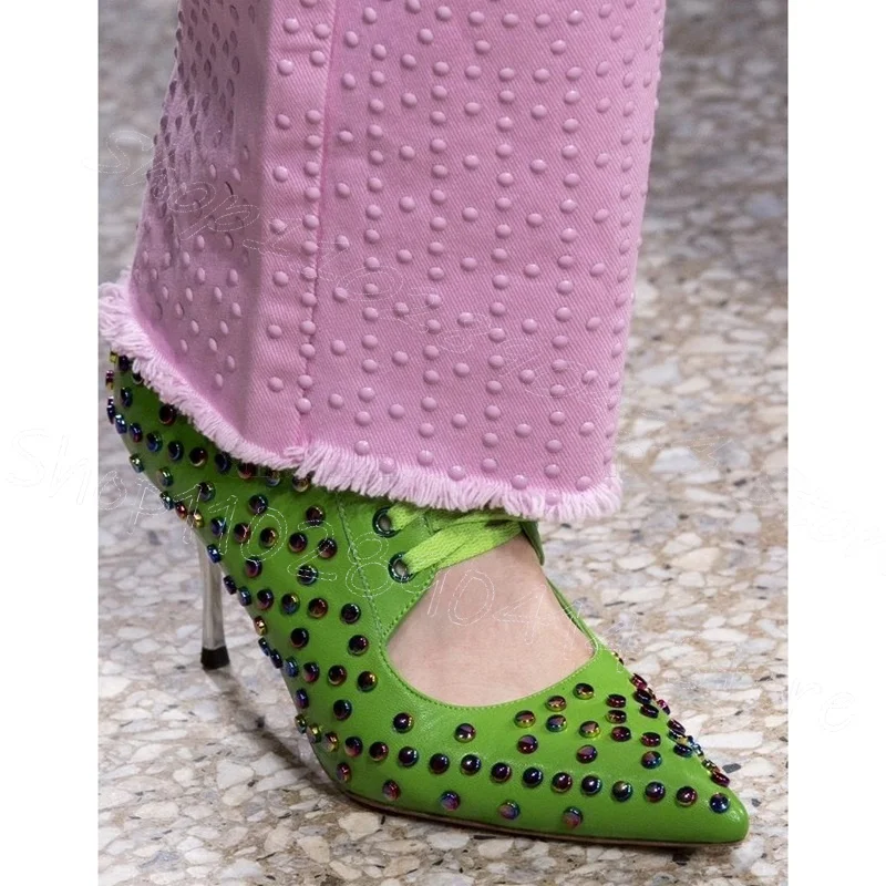 

Colorful Rhinestone Green Strappy Pointed Toe Pumps Lace Up Women Shoes Thin High Heels Banquet Runway 2025 Zapatos Para Mujere