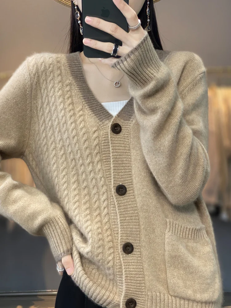 2024 New Autumn Winter Women Cashmere Sweater 100% Merino Wool Knitted V- Neck Cardigan Contrast Button-up Stylish Fashion Top