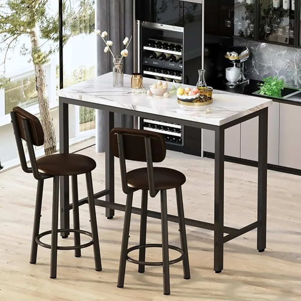 Conjunto de mesa de bar, incluindo tampo de mármore artificial de 2,39,3 polegadas e 2 bancos acolchoados em PU com encostos, conjunto de mesa de bar de 3 peças