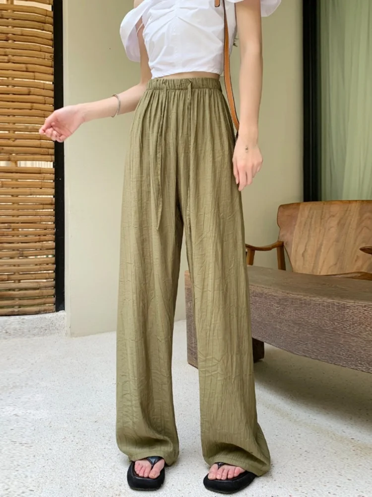 Ice Silk Wide Leg Pants Women's Summer Thin High Waist Draped Texture Cool Casual Pants Slimming Floor-Length