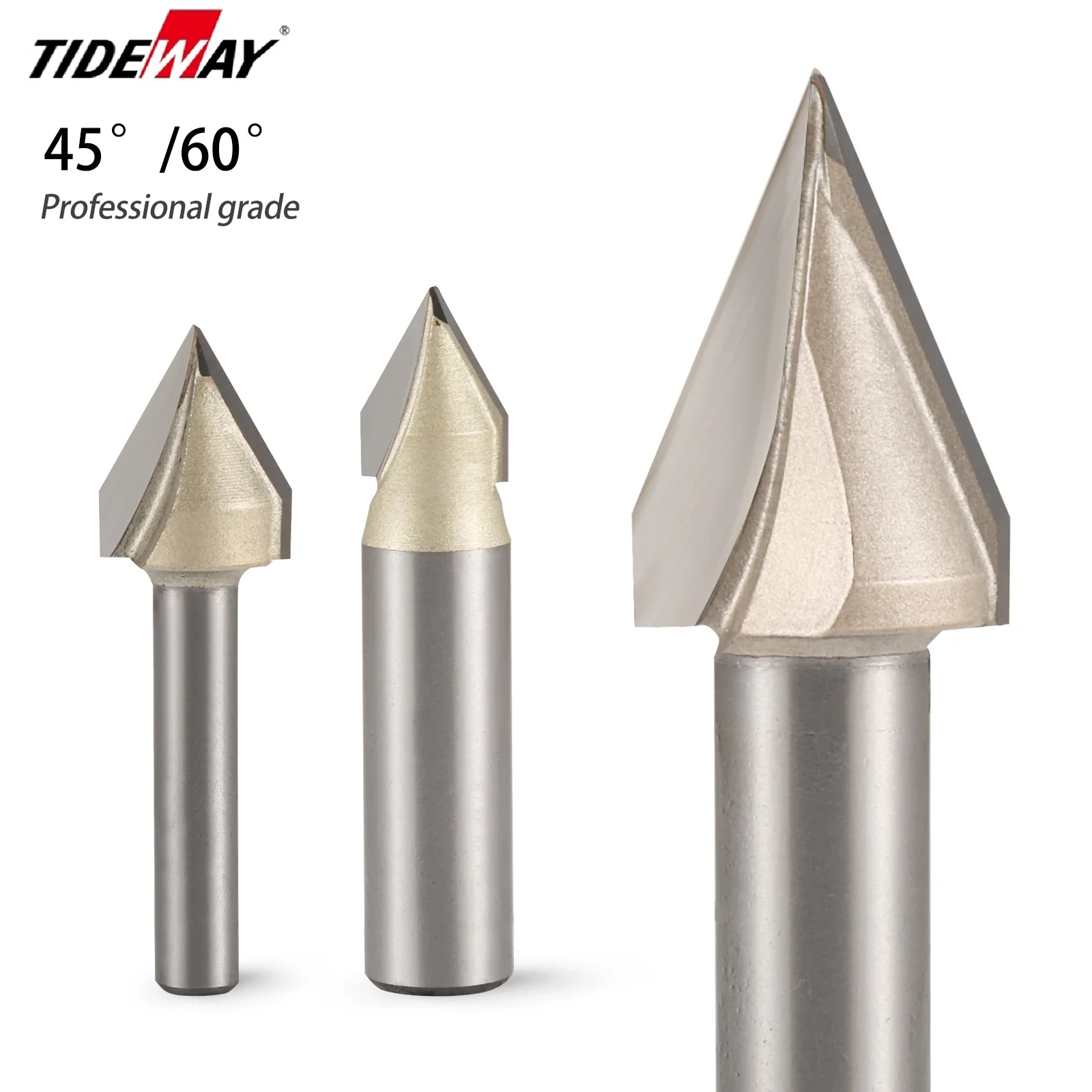 TIDEWAY 1/4inch/1/2inch Shank V Sharpe Router Bit CNC Solid Carbide Router Bit for Wood 3D Engraving 45 60 90 Degrees End Mill