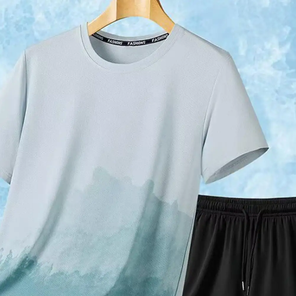 

2Pcs/Set Men Summer Lightweight Exercise Printing T-shirt Elastic Drawstring Waist Shorts Set Quick Drying Sportswear