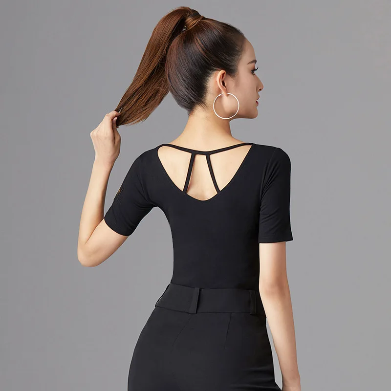 2024 Women Latin Top Modern  Ballroom Costume Black Sexy Backless Tight Dance Wear Lady Short Sleeve Comfortable Modal Fabric