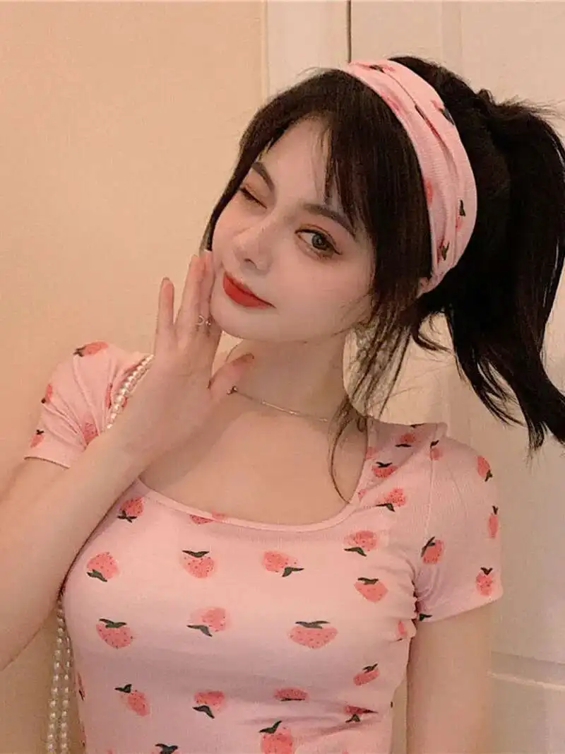 WOMENGAGA スイートクールホットガールセクシースクエアネックショートTシャツ レディース サマー スリムボトムシャツ トップ ガールズ 学生 ファッション スイート LB73