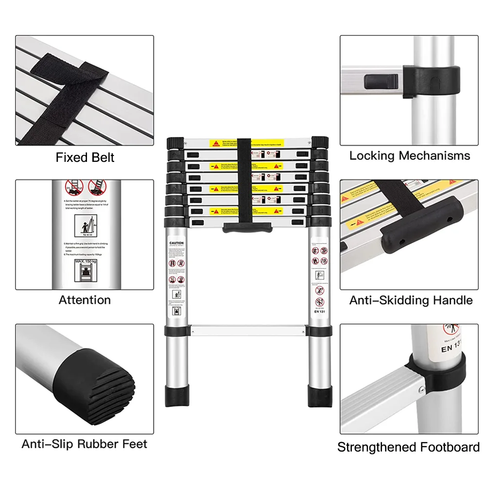 2.6M-4.4M Stepladder Telescopic ladder Sturdy Aluminum Telescoping Extension Ladder 150KG Max Load Household Outdoor Stepladder