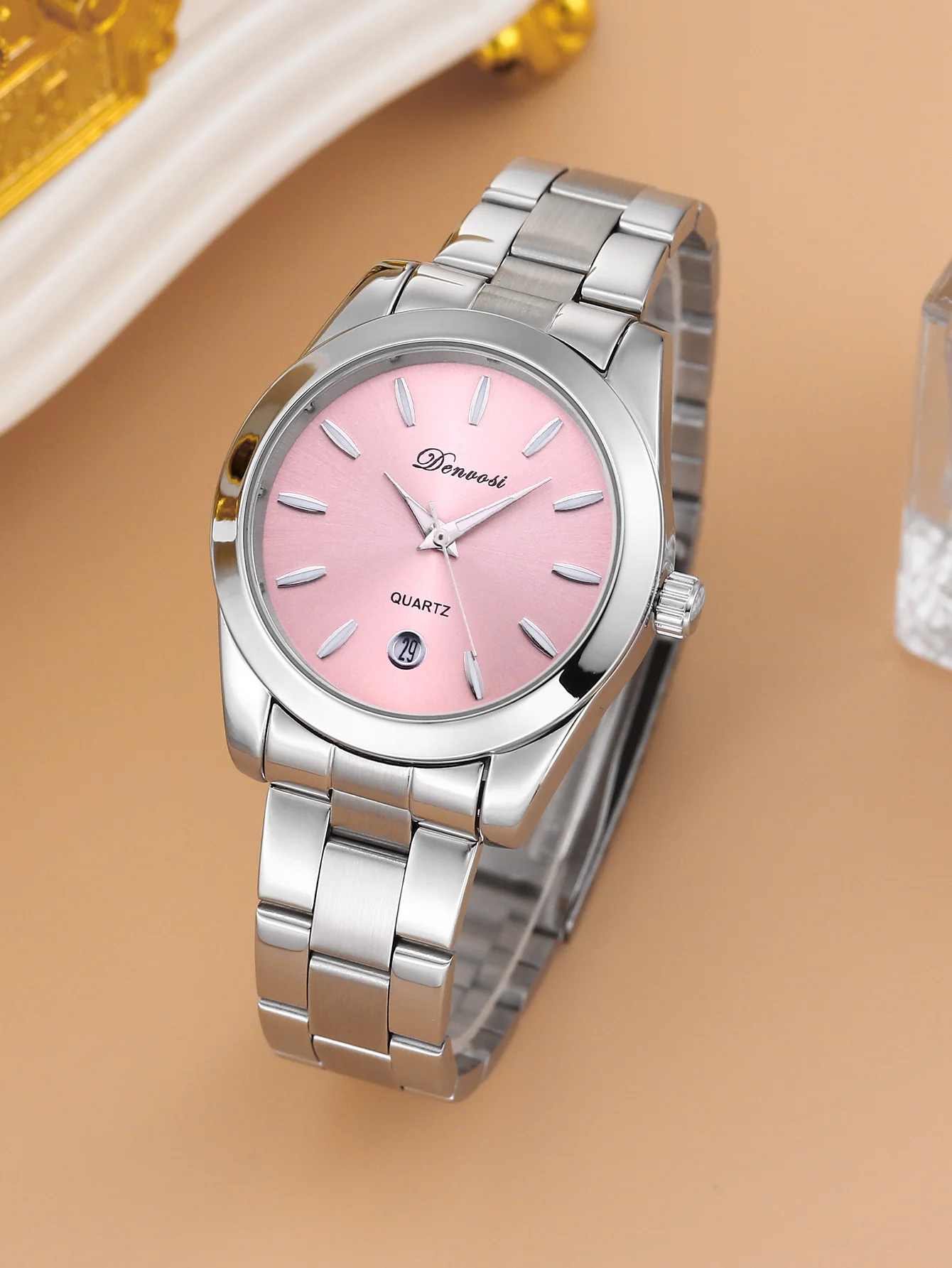 Denvosi Women’s quartz watch Fasion elegant simple Stainless steel Calendar ladies wristwatch waterproof and luminous