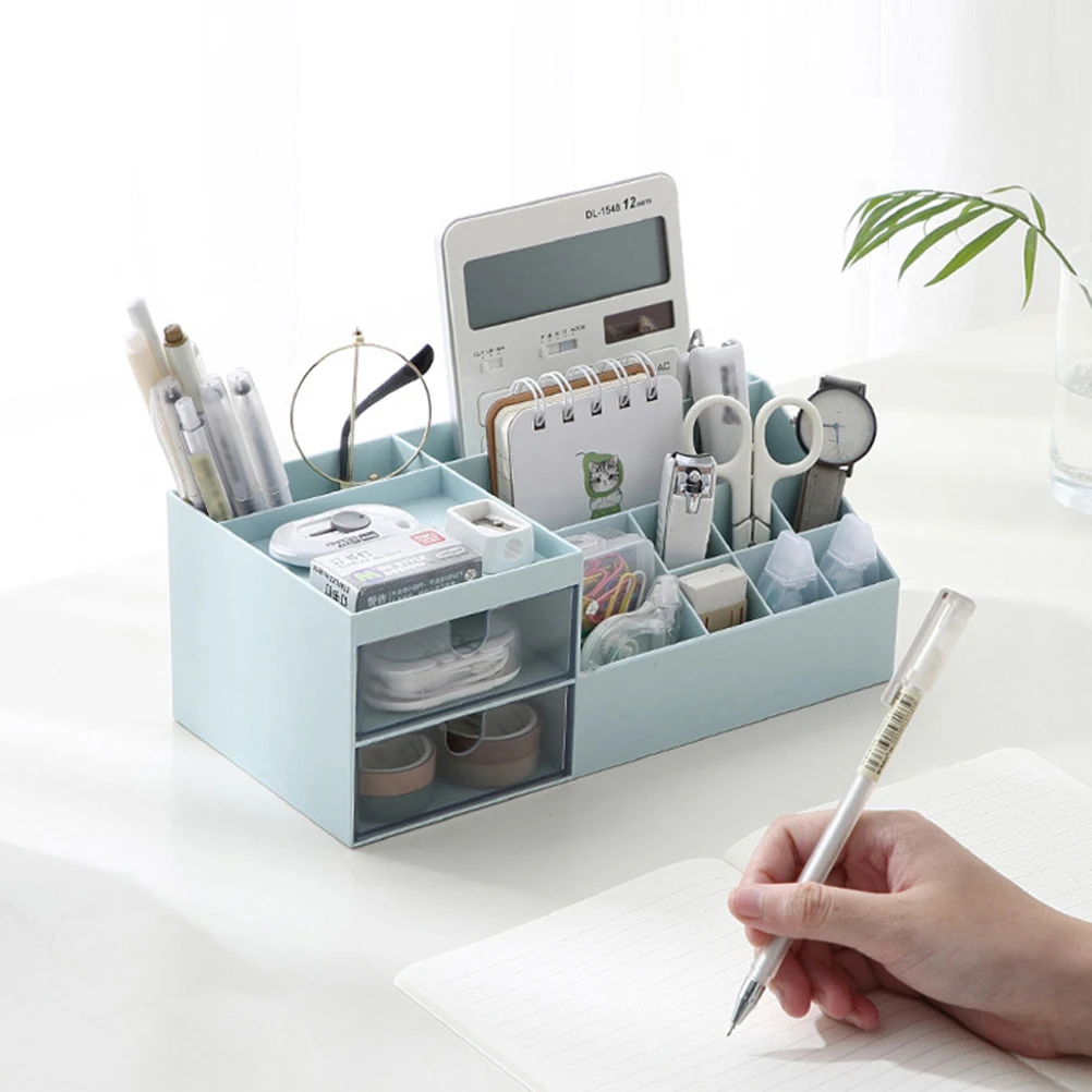 

Desktop Storage Box With Compartments Space-Saving Plastic Organizer For Cosmetics Sundries Blue Bedroom Bathroom Office