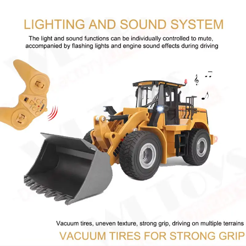 HuiNa 1/16 RC Truck 2.4G Remote Control Loader Truck 9 Channel Alloy Shovel Light Engineering Vehicle RC Car Toy Gift for Boy