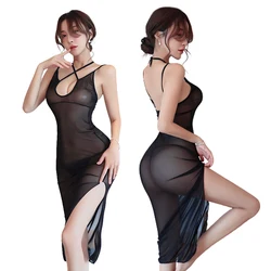 New Women Long Sleeveless See Through Lace Robe Dress Fashion Solid Sexy Perspective Deep V Pajamas Sleepwear Underwear Lingerie