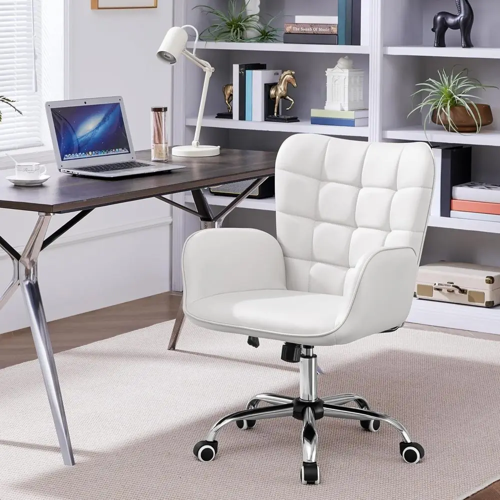 Ergonomic Adjustable Makeup Chair with Padded Armrests, Big Seat for Office, Bedroom, Living Room, White | Wide foam seat and ea view 4