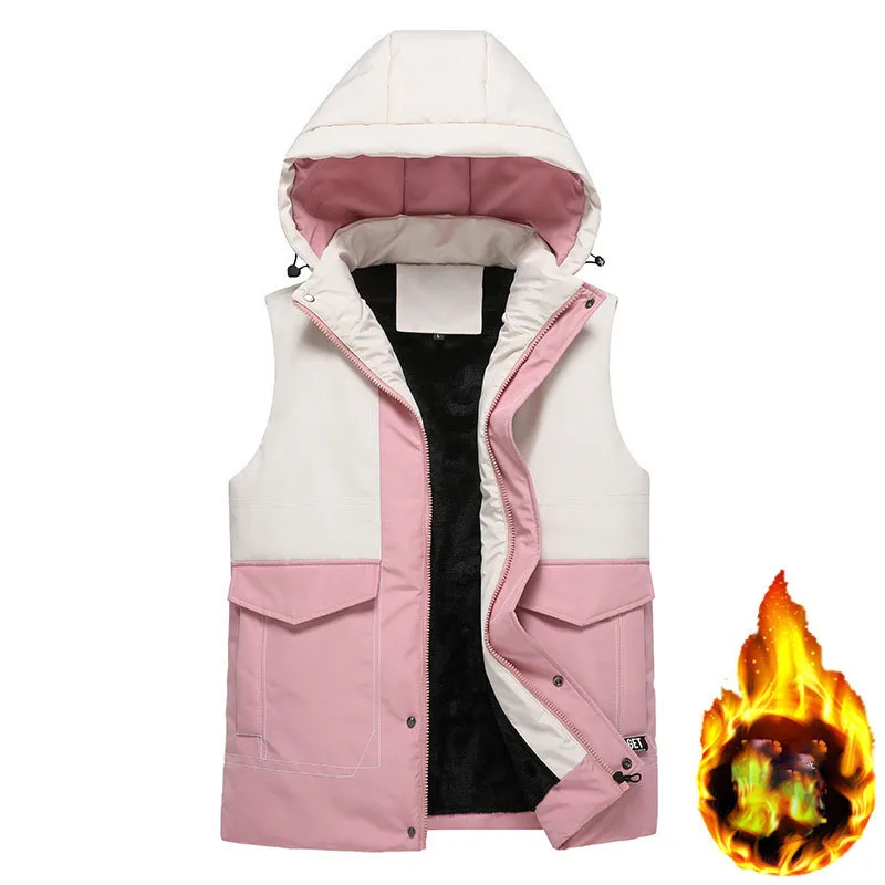 Men's Hooded Patchwork Cotton Vest, Spring and Autumn Trend Camisole Jacket, Winter Plush Insulation, Down Cotton Vest