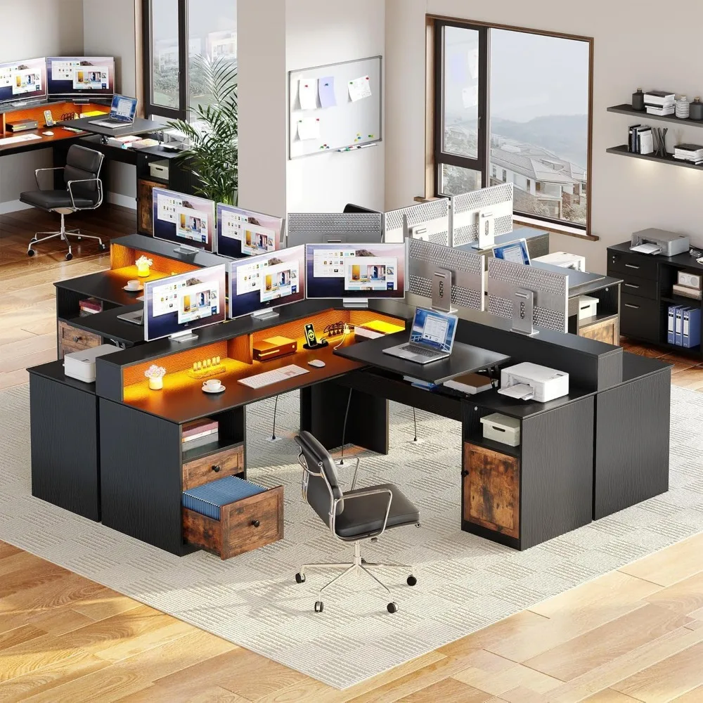 مكتب كمبيوتر بزاوية 60 ركنًا مع منافذ طاقة وأضواء LED وأدراج ورفع علوي للمكتب المنزلي