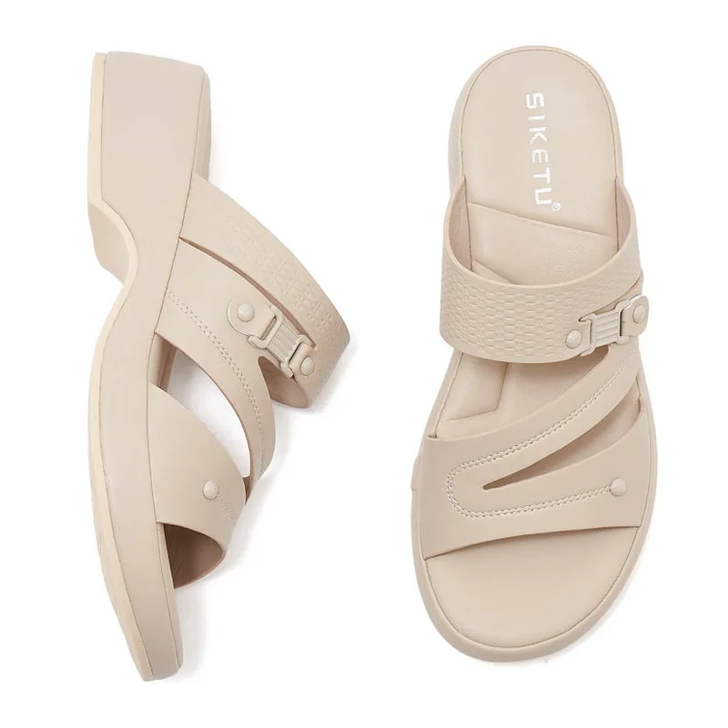 2025 Summer European and American Fashion Solid Color Buckle Decoration Comfortable Anti slip 4.5CM Thick Heel Women's Sandals