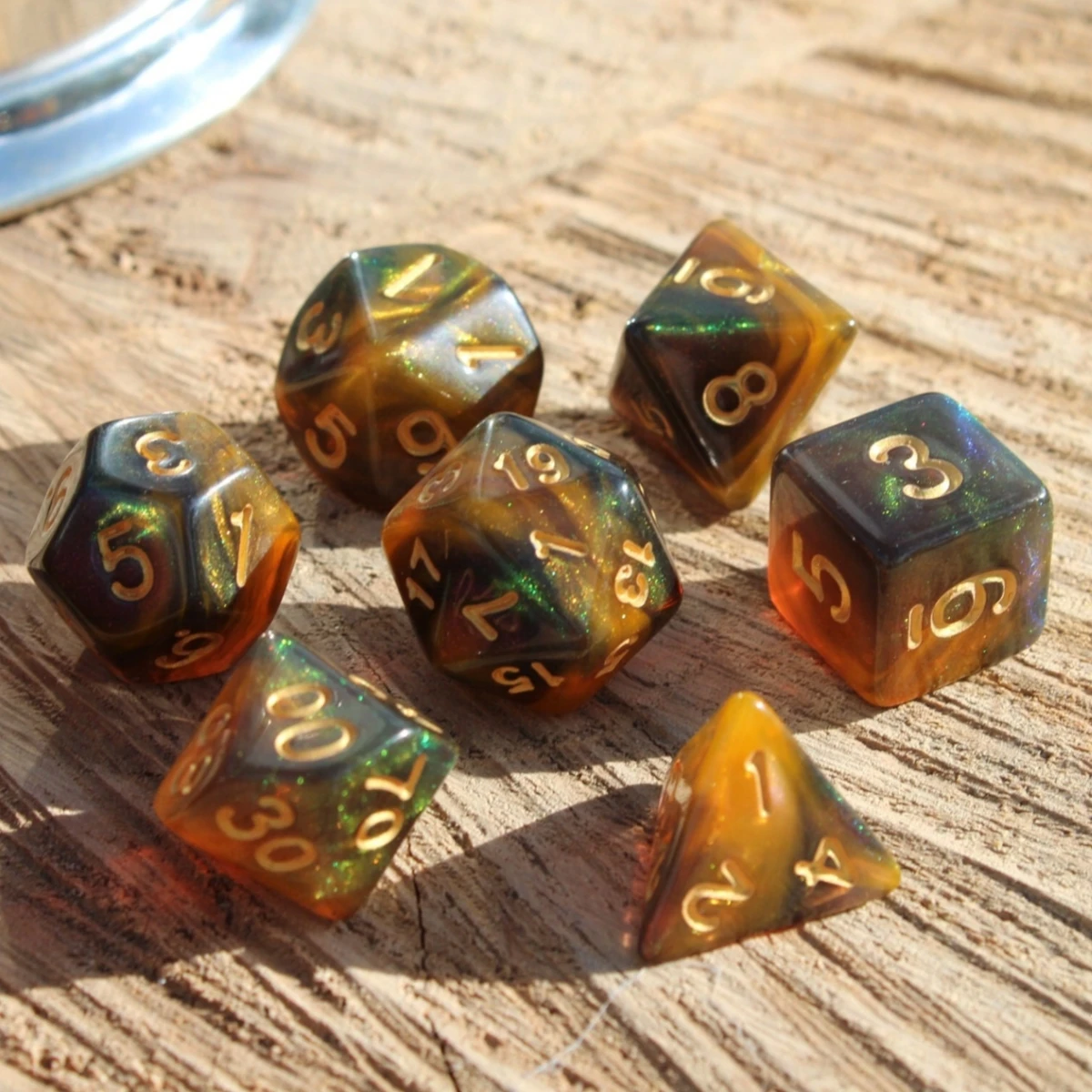 Starry Sky Dice para DND Dungeons and Dragons, Honey Gold, Galaxy, RPG, Tabletop, Role Playing, D & D, 7pcs, conjunto