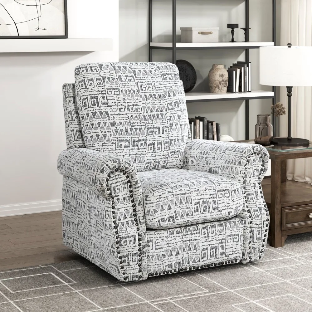 

Современное акцентное кресло с поворотным механизмом, отделкой с заклепками, серо-белой жаккардовой тканью, геометрическим узором, прочной фанерной основой, 1 шт.