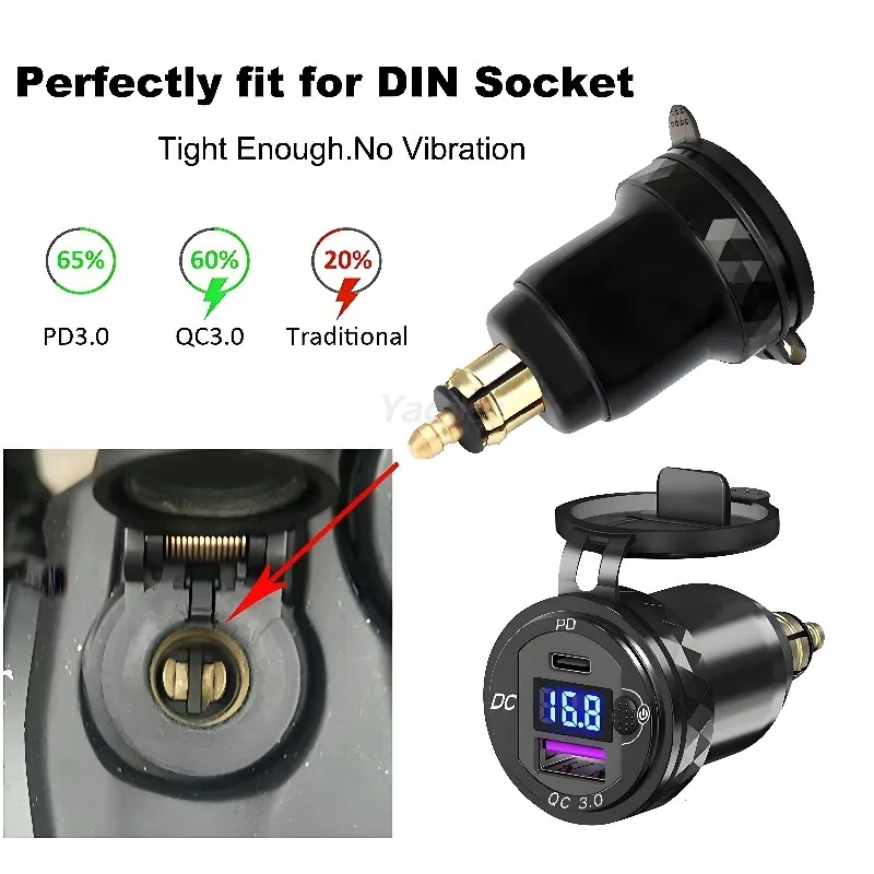 

Motorcycle USB Charger for DIN Hella Plug Socket PD Type-C + QC3.0 Power Outlet Adapter for BMW R1200GS Ducati Triumph Motobike
