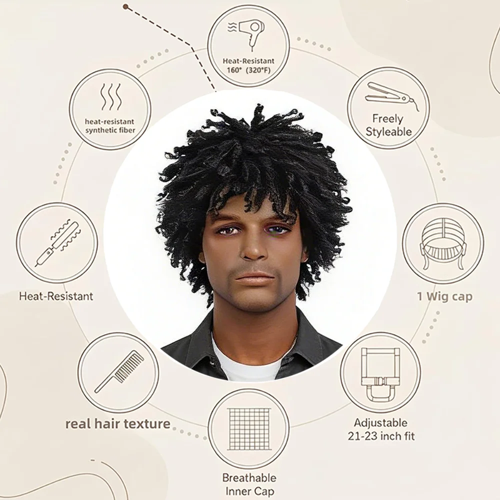 

Brown Men's Short Dreadlock Wig Realistic Afro Twist Curly For Black Men Heat Resistant Synthetic Hair Daily Wear Cosplay Party